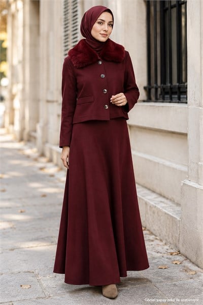 Yakası Kürklü Puf Scuba Takım Bordo HM2968