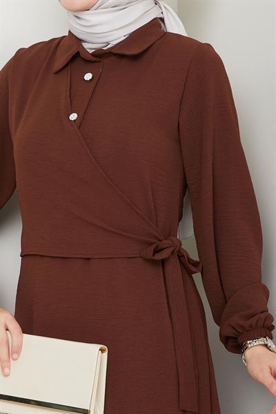 Yandan Bağlamalı Ayrobin Elbise Kahverengi HM2729