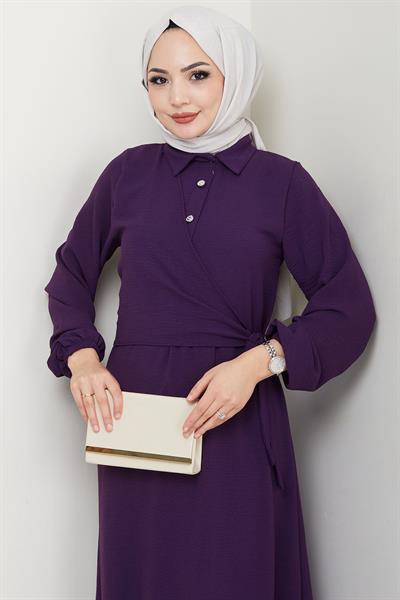 Yandan Bağlamalı Ayrobin Elbise Mor HM2729