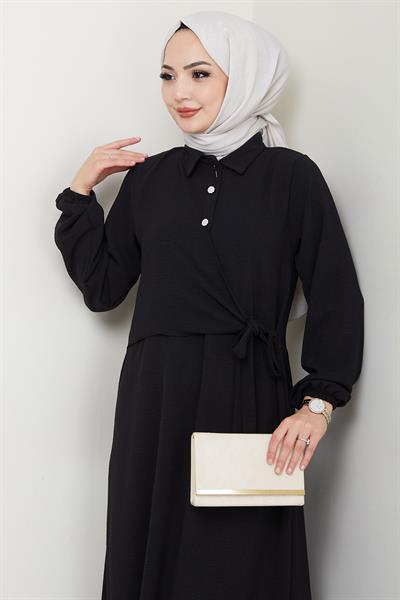 Yandan Bağlamalı Ayrobin Elbise Siyah HM2729