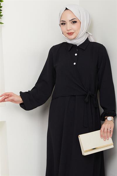 Yandan Bağlamalı Ayrobin Elbise Siyah HM2729
