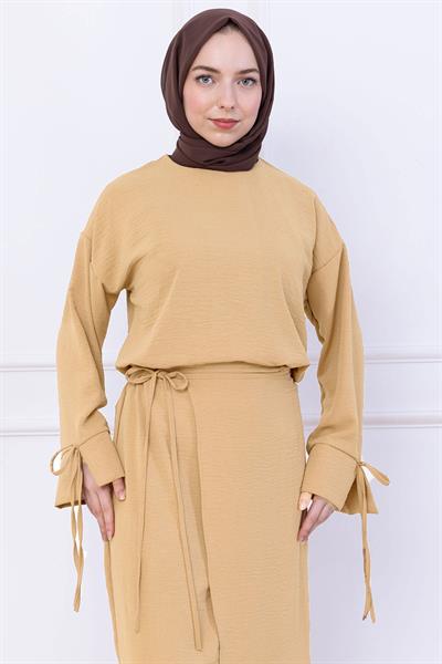 Yandan Bağlamalı Ayrobin Etekli Takım Bej HM2738