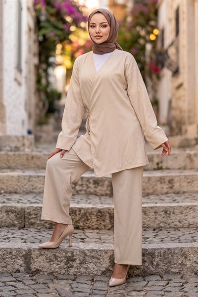 Yandan Bağlamalı Kimono Takım Bej HM2935