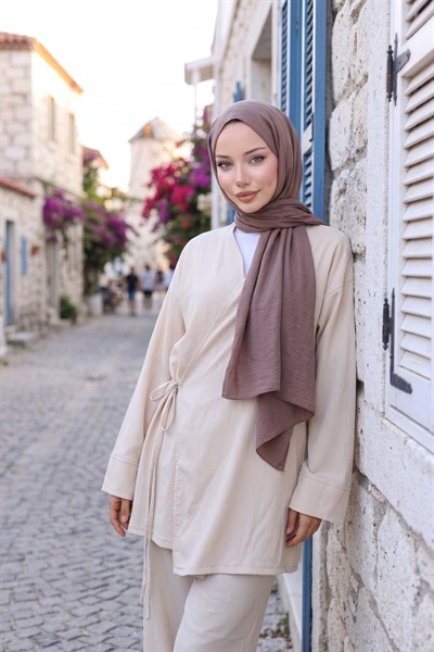 Yandan Bağlamalı Kimono Takım Bej HM2935