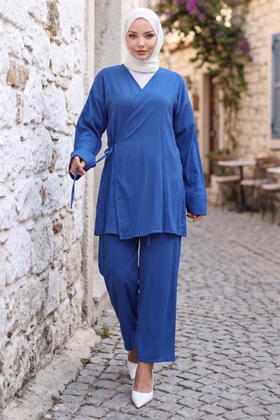 Yandan Bağlamalı Kimono Takım İndigo HM2935