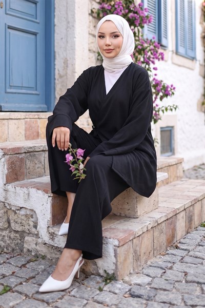 Yandan Bağlamalı Kimono Takım Siyah HM2935