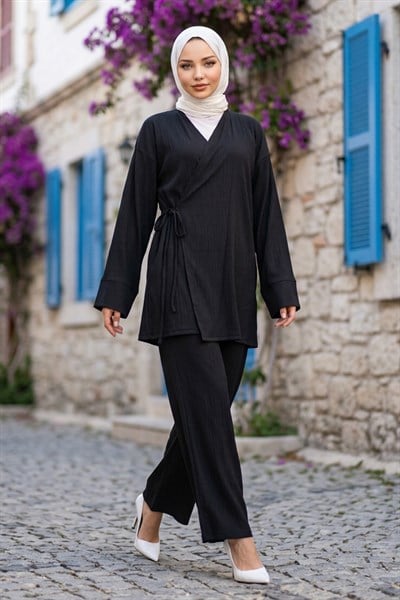 Yandan Bağlamalı Kimono Takım Siyah HM2935