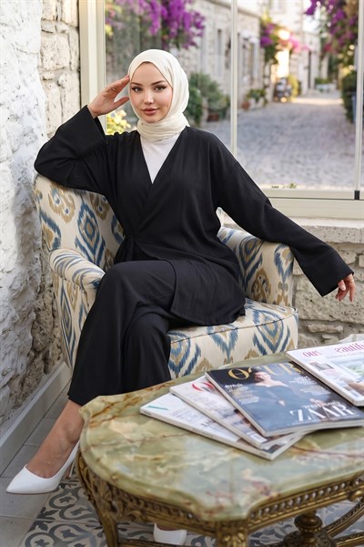 Yandan Bağlamalı Kimono Takım Siyah HM2935