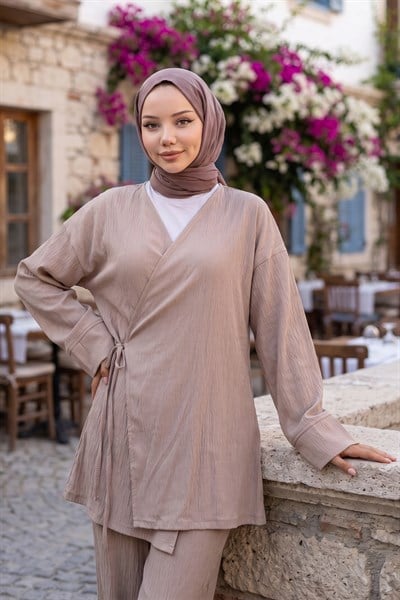 Yandan Bağlamalı Kimono Takım Vizon HM2935