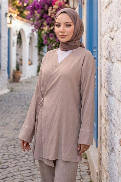 Yandan Bağlamalı Kimono Takım Vizon HM2935