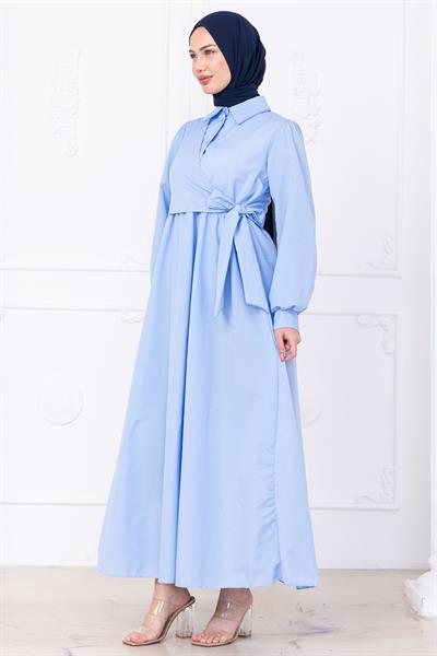 Yandan Bağlamalı Tesettür Elbise Bebe Mavisi HM2753