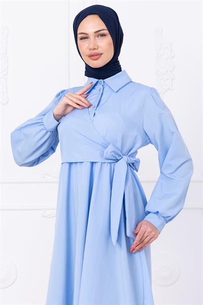 Yandan Bağlamalı Tesettür Elbise Bebe Mavisi HM2753