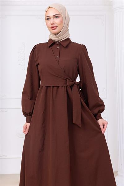 Yandan Bağlamalı Tesettür Elbise Kahverengi HM2753