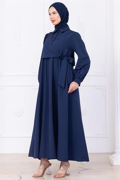 Yandan Bağlamalı Tesettür Elbise Lacivert HM2753