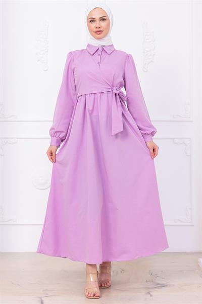 Yandan Bağlamalı Tesettür Elbise Lila HM2753