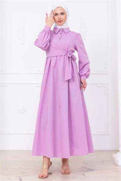 Yandan Bağlamalı Tesettür Elbise Lila HM2753