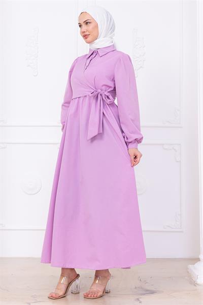 Yandan Bağlamalı Tesettür Elbise Lila HM2753