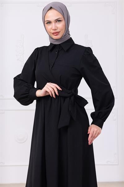 Yandan Bağlamalı Tesettür Elbise Siyah HM2753