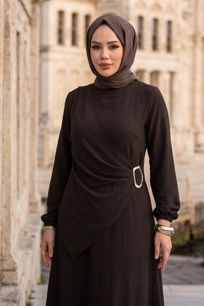 Yandan Tokalı Ayrobin Elbise Acı Kahve HM2914
