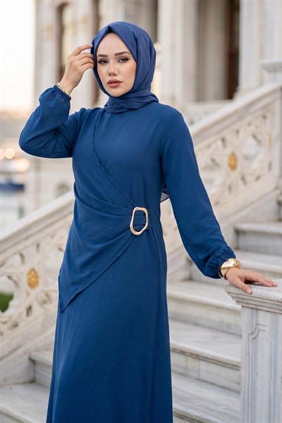 Yandan Tokalı Ayrobin Elbise İndigo HM2914
