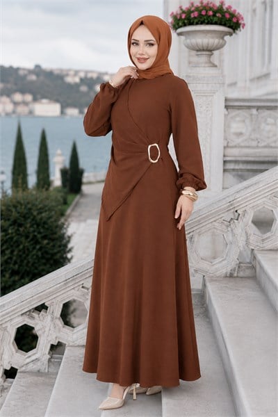 Yandan Tokalı Ayrobin Elbise Kahverengi HM2914
