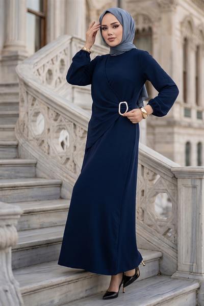 Yandan Tokalı Ayrobin Elbise Lacivert HM2914