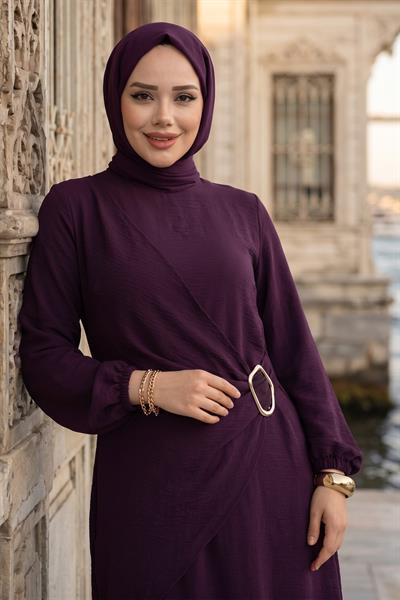 Yandan Tokalı Ayrobin Elbise Mürdüm HM2914