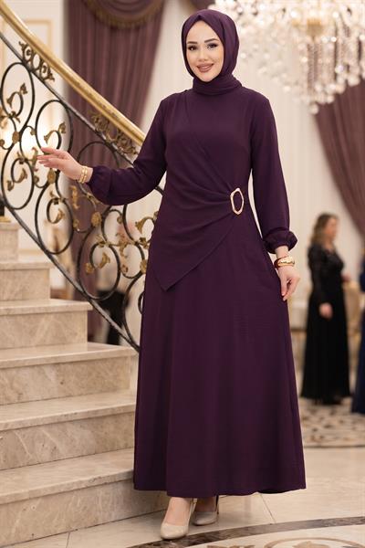 Yandan Tokalı Ayrobin Elbise Mürdüm HM2914