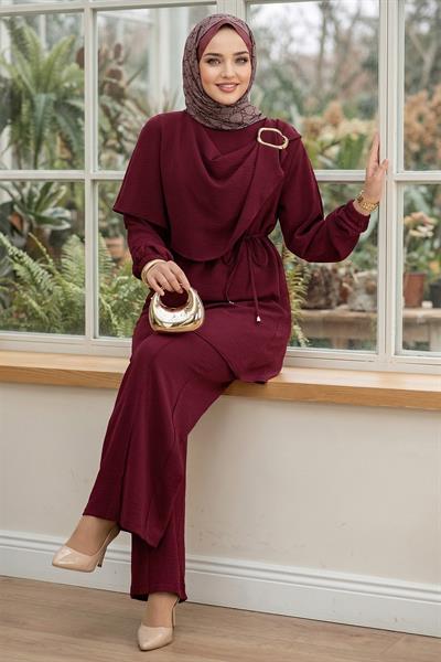 Yandan Tokalı Pantolonlu Ayrobin Takım Bordo HM2901