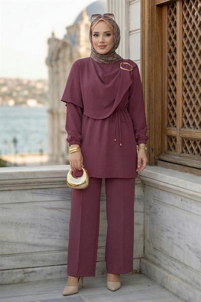 Yandan Tokalı Pantolonlu Ayrobin Takım Gül Kurusu HM2901