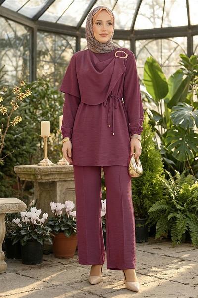 Yandan Tokalı Pantolonlu Ayrobin Takım Gül Kurusu HM2901