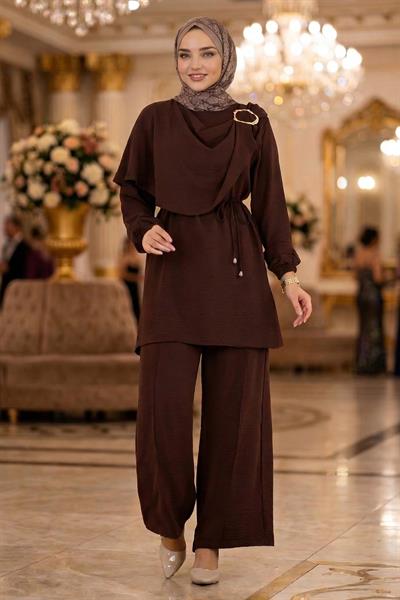 Yandan Tokalı Pantolonlu Ayrobin Takım Kahverengi HM2901