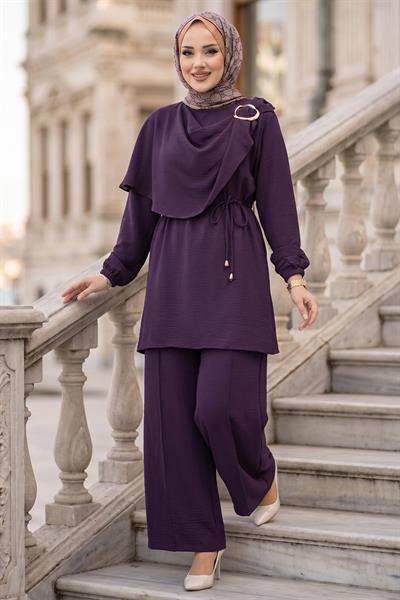 Yandan Tokalı Pantolonlu Ayrobin Takım Mürdüm HM2901