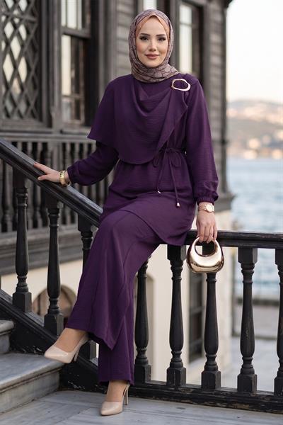 Yandan Tokalı Pantolonlu Ayrobin Takım Mürdüm HM2901