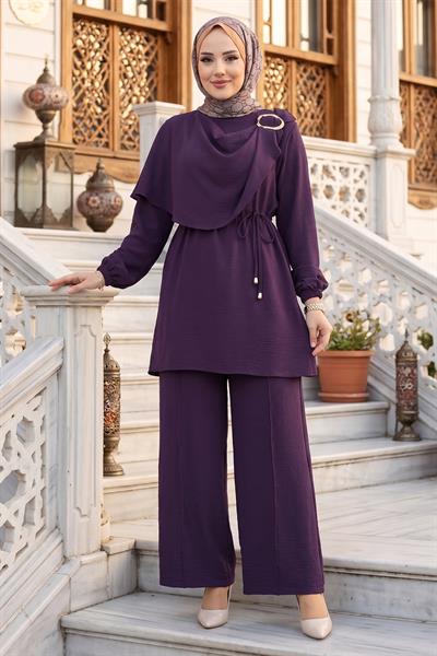 Yandan Tokalı Pantolonlu Ayrobin Takım Mürdüm HM2901