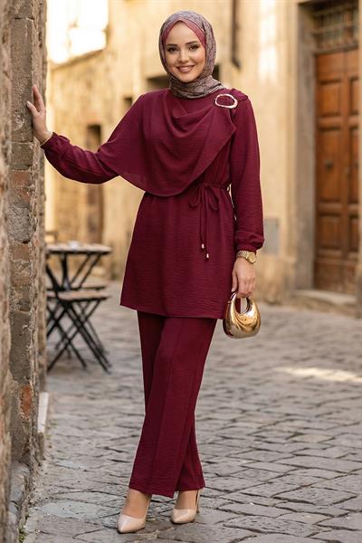 Yandan Tokalı Pantolonlu Ayrobin Takım Bordo HM2901
