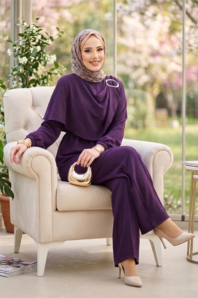 Yandan Tokalı Pantolonlu Ayrobin Takım Mürdüm HM2901