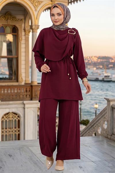 Yandan Tokalı Pantolonlu Ayrobin Takım Bordo HM2901