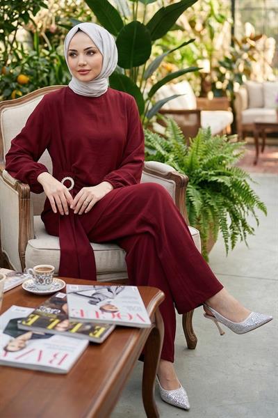 Yandan Tokalı Pantolonlu Modal Takım Bordo HM2900