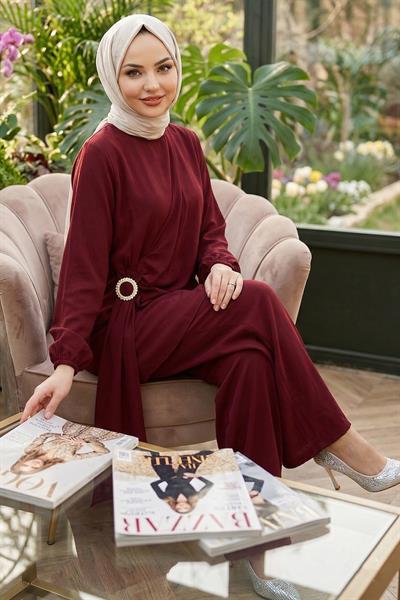 Yandan Tokalı Pantolonlu Modal Takım Bordo HM2900