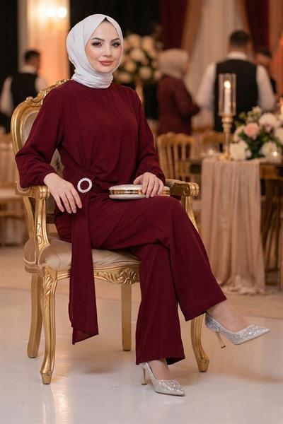 Yandan Tokalı Pantolonlu Modal Takım Bordo HM2900