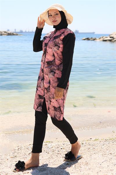 Yaprak Desenli Fermuarlı Tesettür Mayo Tam Takım Siyah HM2788