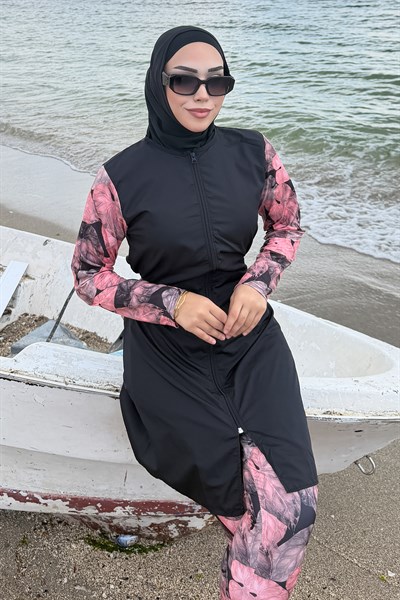 Yaprak Desenli Tesettür Mayo Tam Takım Siyah HM2925