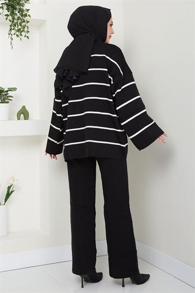 Yarım Balıkçı Yaka Çizgili Triko Takım Siyah HM2553