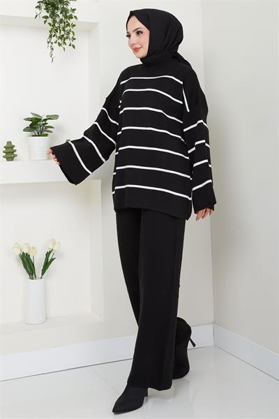 Yarım Balıkçı Yaka Çizgili Triko Takım Siyah HM2553