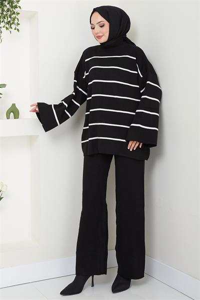 Yarım Balıkçı Yaka Çizgili Triko Takım Siyah HM2553