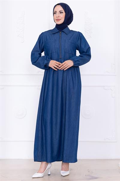 Yarım Fermuarlı Cepli Kot Elbise HM2773 Koyu Mavi