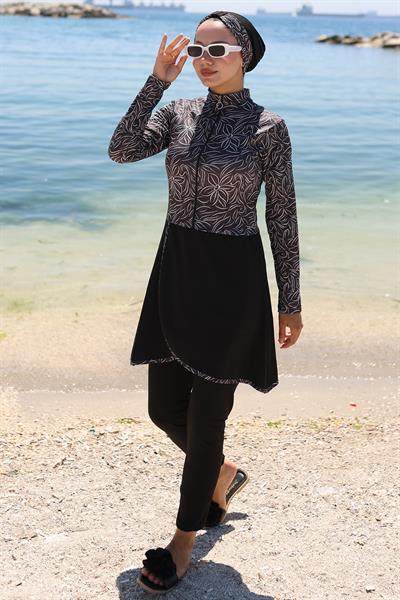 Yarım Fermuarlı Çiçek Desenli Tam Kapalı Tesettür Mayo Siyah HM2786