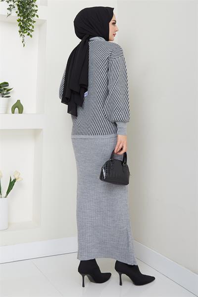 Yatay Çizgili Kazak Jile Triko Takım Gri HM2591