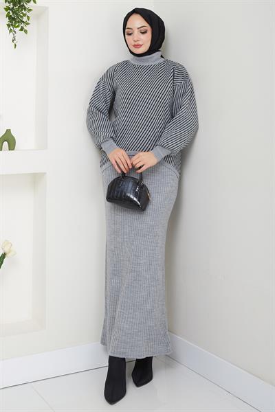 Yatay Çizgili Kazak Jile Triko Takım Gri HM2591